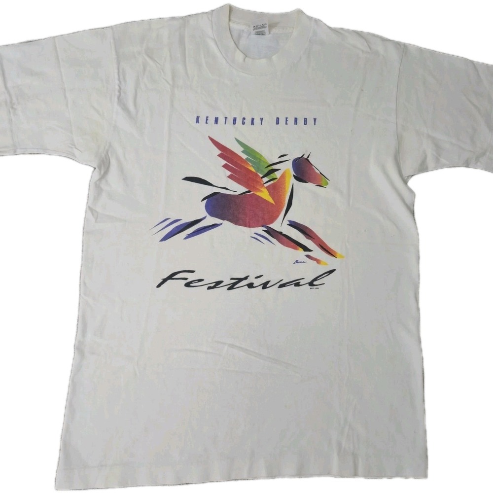 Vintage Pegasus Kentucky Derby T Shirt Mens Large White Horse Racing 1996